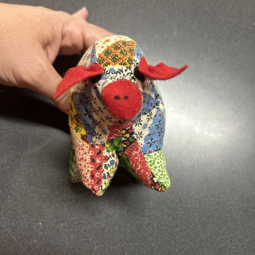 Vintage 70s Handmade Quilted Animal Pig Multicolored Soft Boho MCM Decor